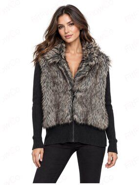 Venue Faux Fur Ribbed Knit Zip Jacket Women’s Large Gray Charcoal